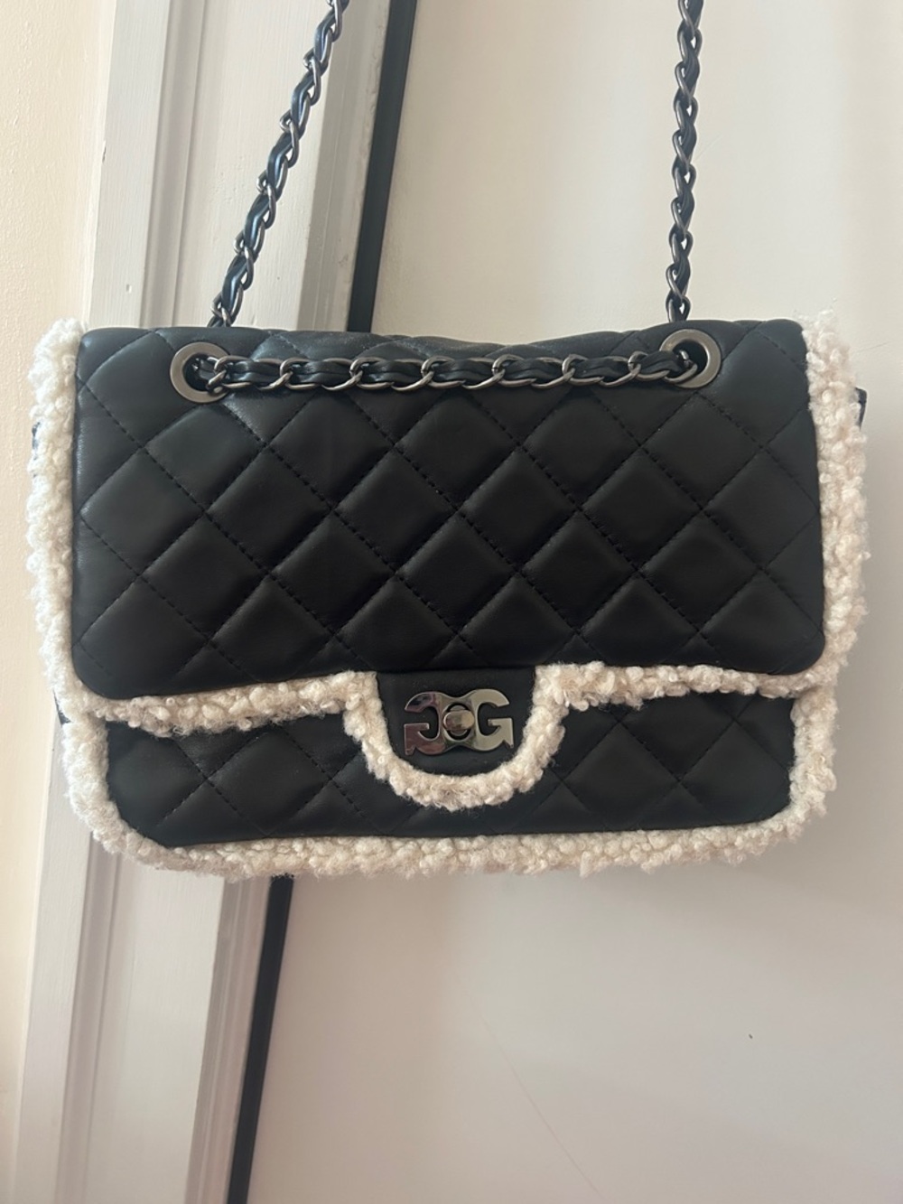 Black Quilted Shoulder Bag with White/Cream Shearling Trim BADGLEY MISCHKA